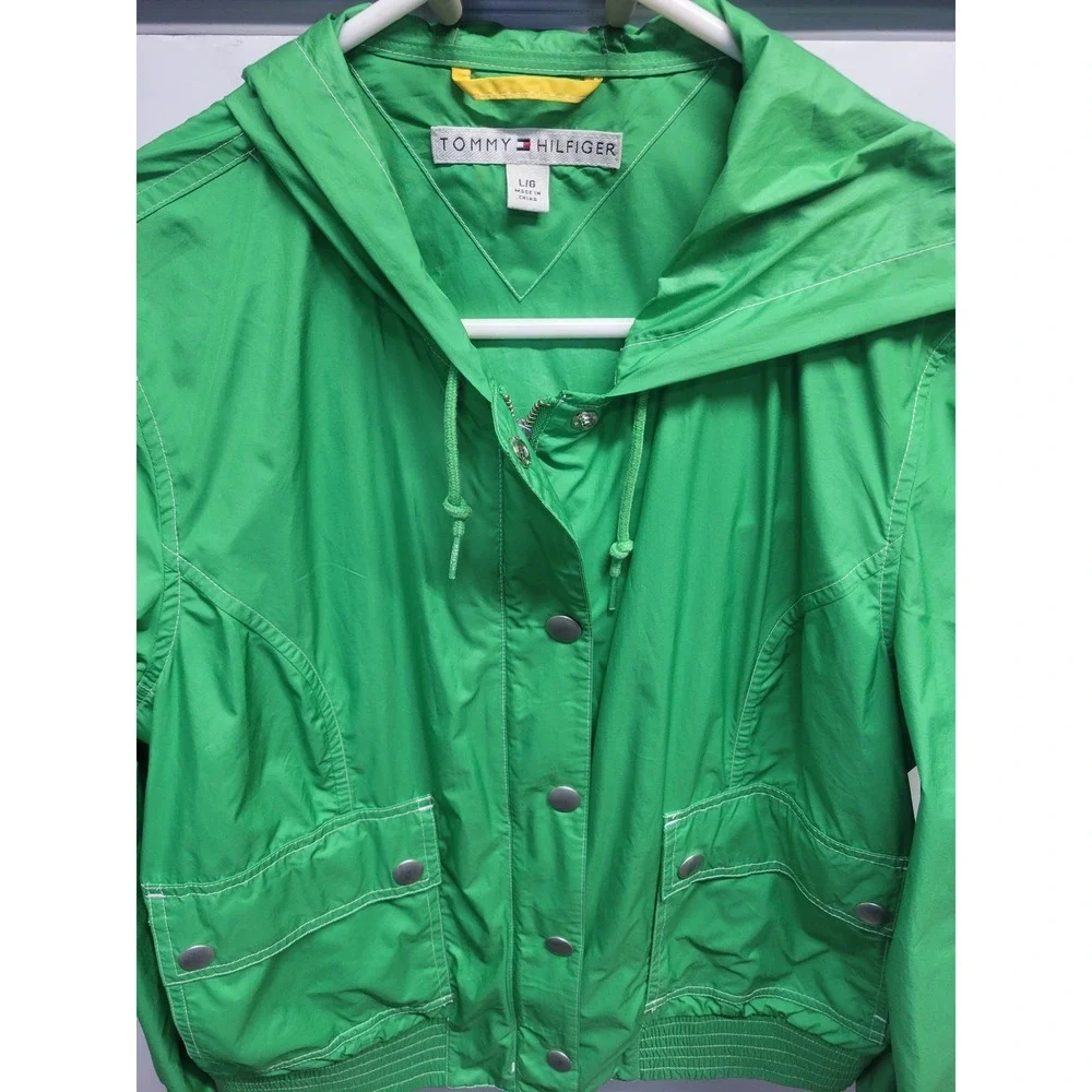 Vtg‎ Tommy Hilfiger Green Hooded Windbreaker Jacket Size L Full Zip Snap Front